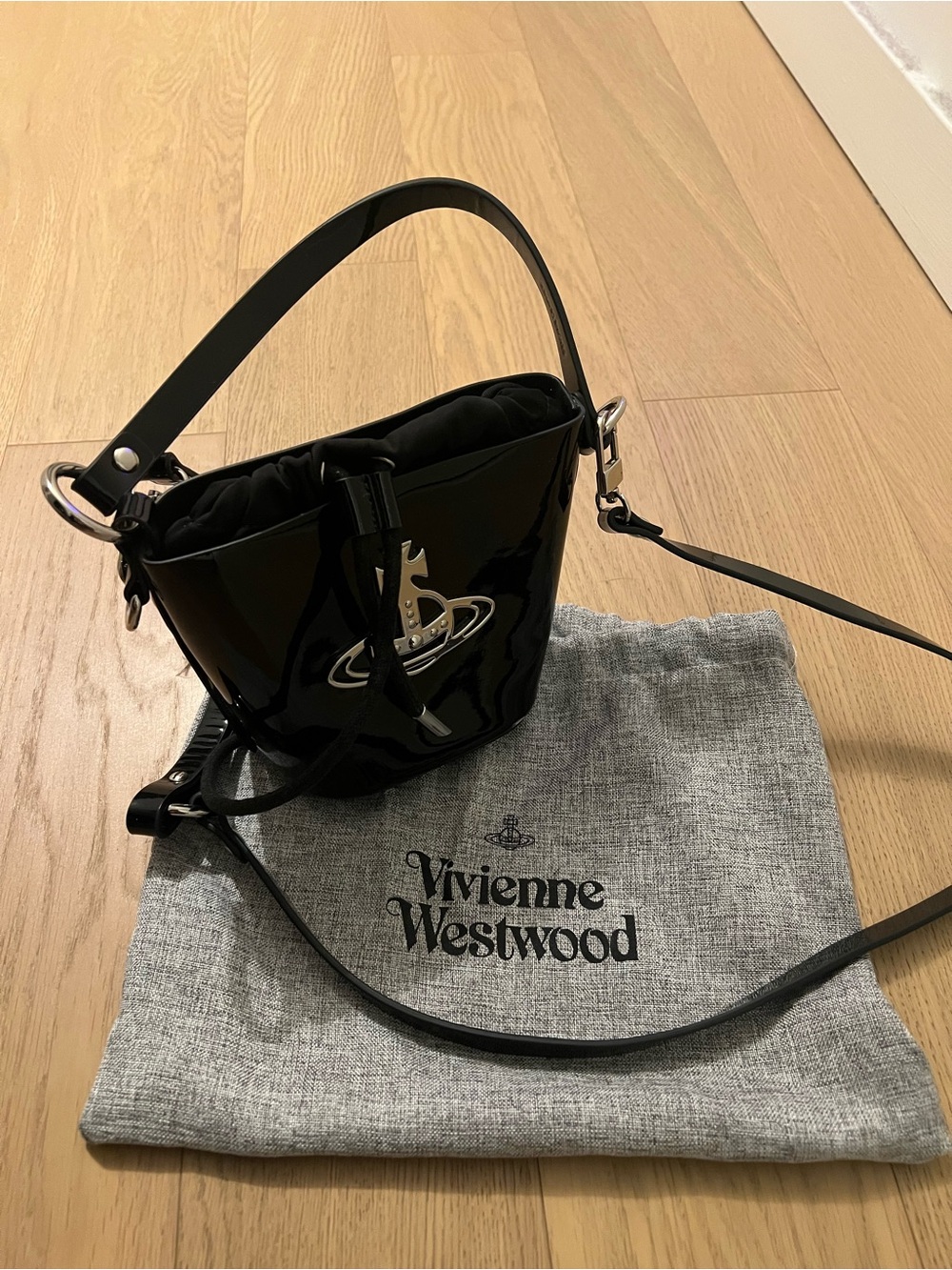 Vivienne Westwood Black Patent Mini Bucket Bag with Orb Logo